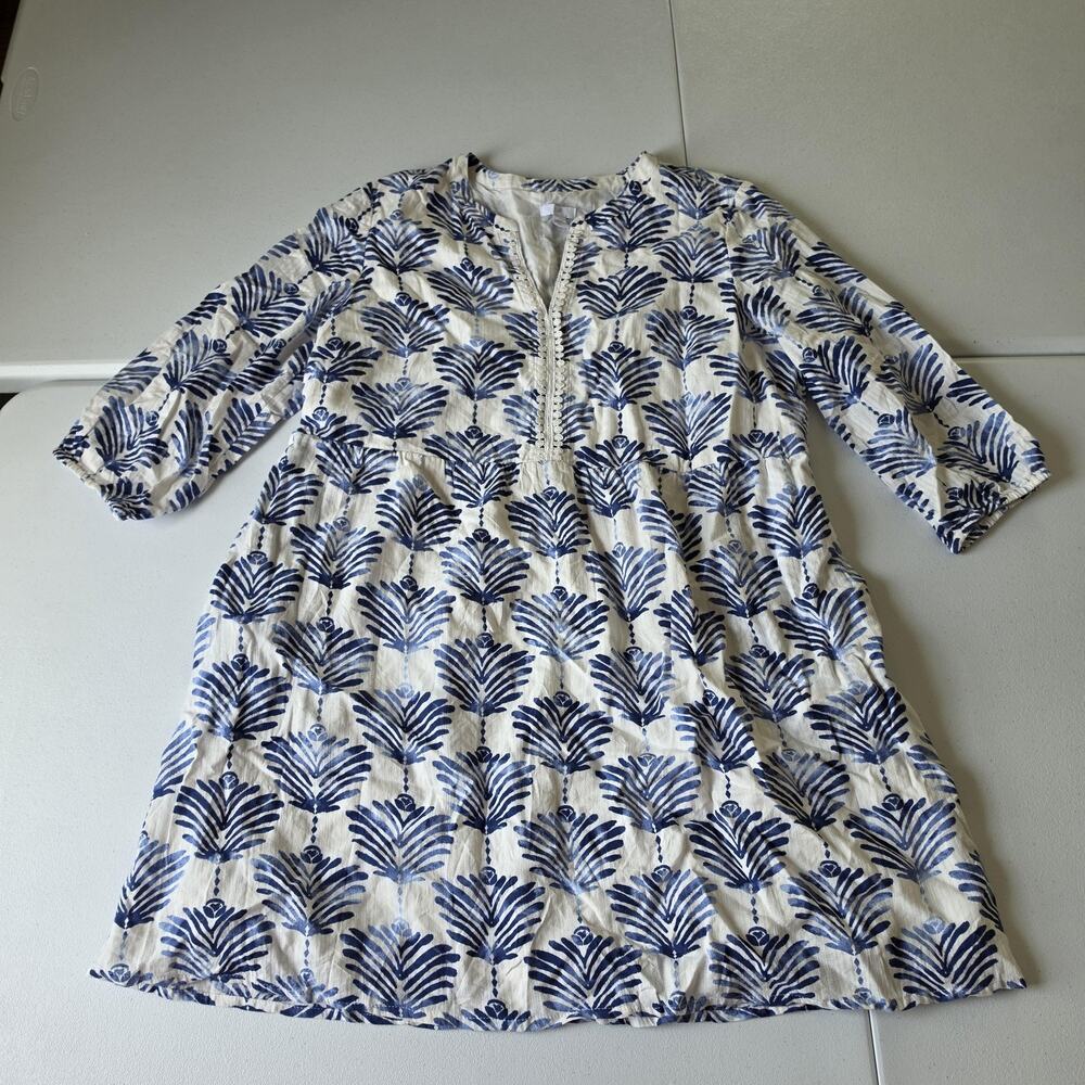 J Jill Dress Women Large Petite Blue Floral Cotton V Neck Swing Lined 3/4 Sleeve